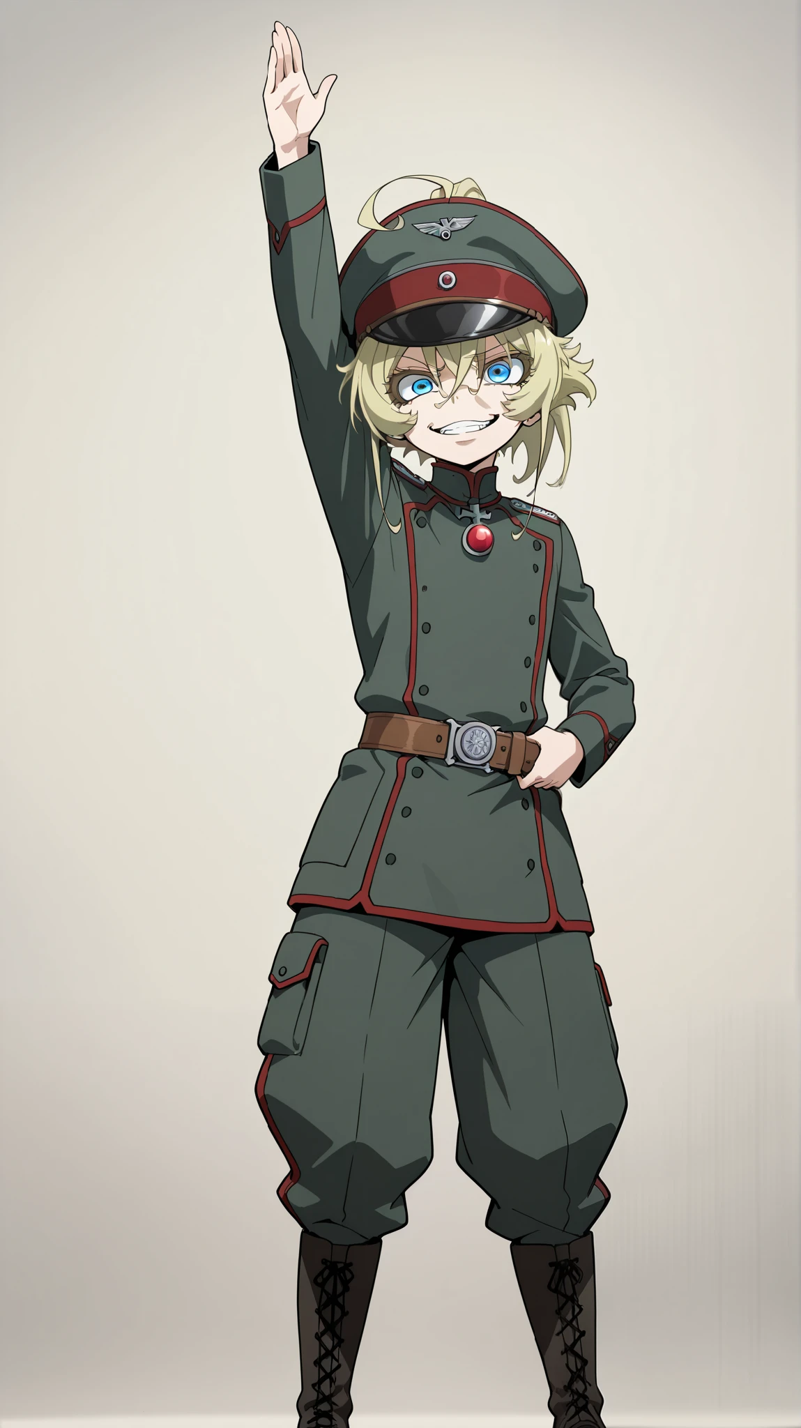 High quality , top quality , masterpiece, high res, detailed face , anatomically correct ,
tanya degurechaff, short hair, blue eyes, blonde hair, hair between eyes, sidelocks, ahoge, ponytail, short ponytail,
long sleeves, hat, belt, uniform, military, military uniform, peaked cap, military hat,boots ,,evil smile,right arm up horizontally,Left hand on belt