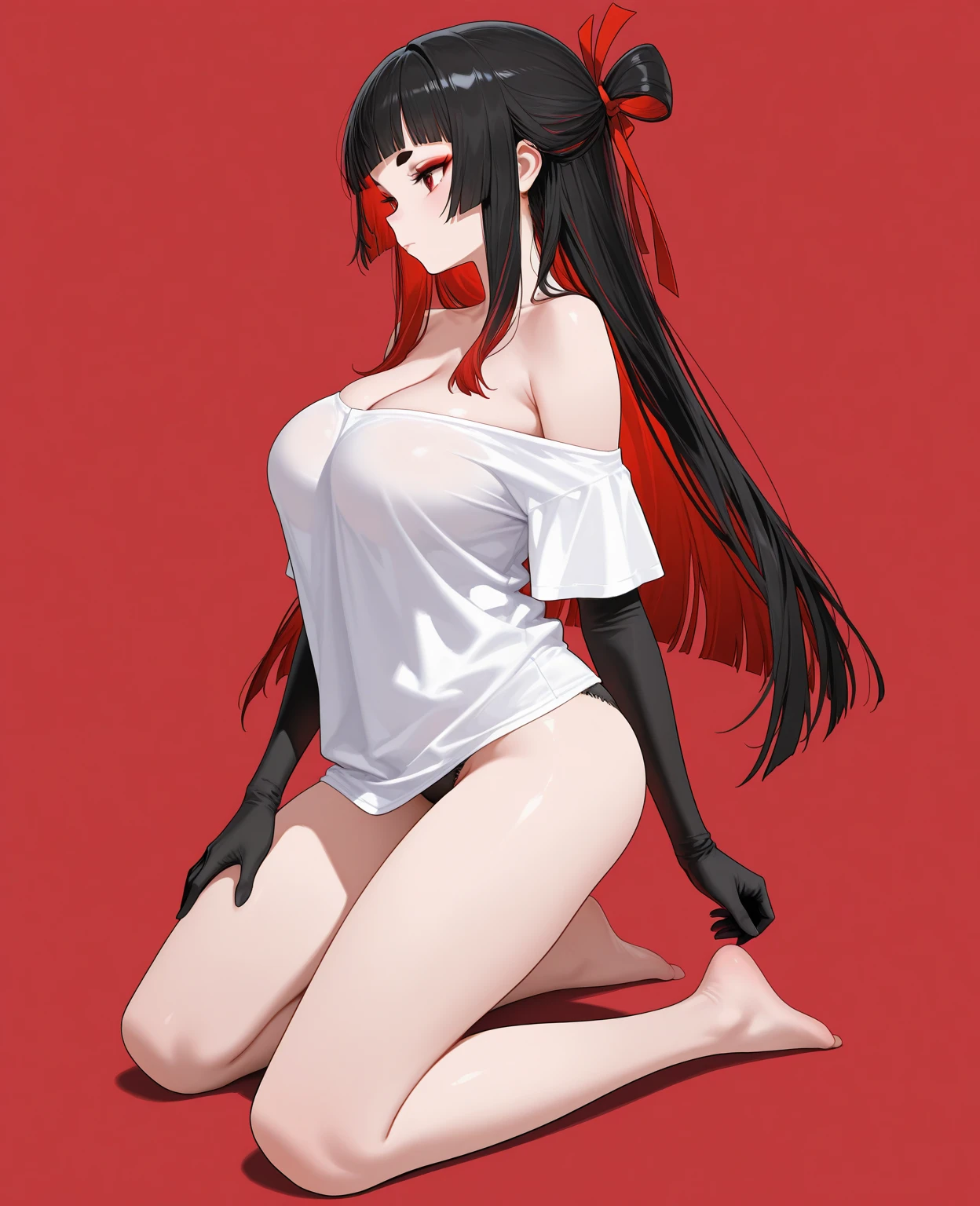 1 girl、Detailed facial details,,Handcuffs,Collar,Cat ear,White long hair,Red lips,Slim,Wearing white latex tights,Large Breasts,Charming red eye,Handcuffs,collar,Radiant Skin,flower,坐在蓝色flower海里,Bright background