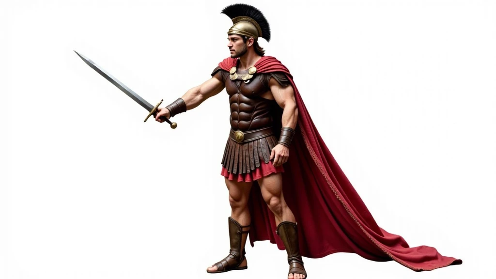 ((masterpiece, highest quality, Highest image quality, High resolution, Raw photo, 8K)), ((Extremely detailed CG unified 8k wallpaper)), (huge stunning warrior shot, full body, musclural body beauty:1.4), Posing for the camera, In a warrior fighting stance, a stern look, in a ready stance, Build: Scipio Africanus is depicted as a tall and imposing figure, with a strong, athletic build that reflects his prowess as a military commander.
Facial Features: His face is distinguished by high cheekbones and a sharp, aquiline nose. His expression is often calm yet commanding, with an air of confidence that suggests his strategic brilliance.
Eyes: His eyes are a deep, piercing brown, full of intensity and intelligence, giving the impression of someone who is constantly evaluating and planning his next move.
Hair: He has short, well-groomed hair, typical of Roman men of high status. His hair is dark, with a slight wave, kept neat and orderly, reflecting his disciplined nature.
Complexion: Scipio’s skin is lightly tanned from years spent in military campaigns across the Mediterranean, showing the effects of the sun and the harsh conditions of war.
Clothing: He is often portrayed wearing a Roman general's armor, which includes a bronze cuirass decorated with intricate designs symbolizing his victories. Over his armor, he wears a red military cloak (paludamentum), fastened at his shoulder with a fibula (brooch), signifying his rank and command. His sandals (caligae) are sturdy and well-worn, indicating his experience in long campaigns.
Signature Pose:
Description: Scipio Africanus is depicted standing with a confident and commanding posture. He is slightly turned to the side, gazing forward as if surveying the battlefield or envisioning his next move. His left hand rests firmly on the hilt of his sheathed sword at his side, symbolizing his readiness for action. His right hand is extended forward, palm open and fingers slightly spread, in a gesture that signifies both leadership