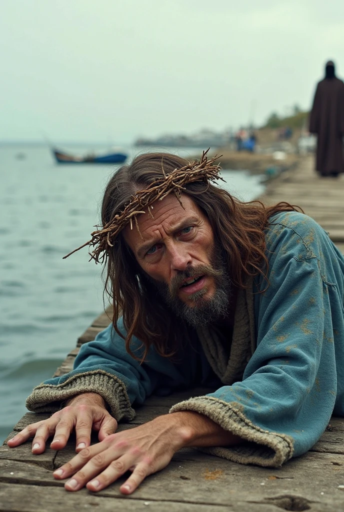 Jesus Christ fallen to the ground, with an expression of deep pain and ...
