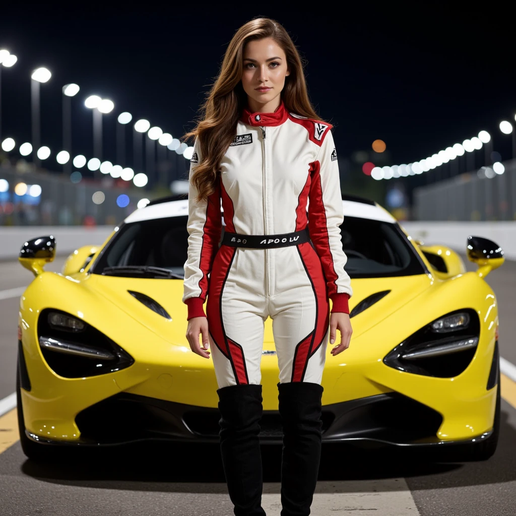 In this dynamic photograph, an Indian Instagram model captivates with her bold, fierce look. She dons a sleek, form-fitting F1 racer dress in fiery orange, blacks, and whites, complete with sponsor logos and fingerless racing gloves. Her dazzling, voluminous hair adds glamour, contrasting with the structured outfit. Her makeup is dramatic, enhancing her intense gaze and smirking expression. Posing confidently with a hand on her hip, she exudes power. Cinematic lighting highlights her glossy dress and flowing hair, set against a blurred, urban racing background, creating a striking fusion of fashion and motorsport.