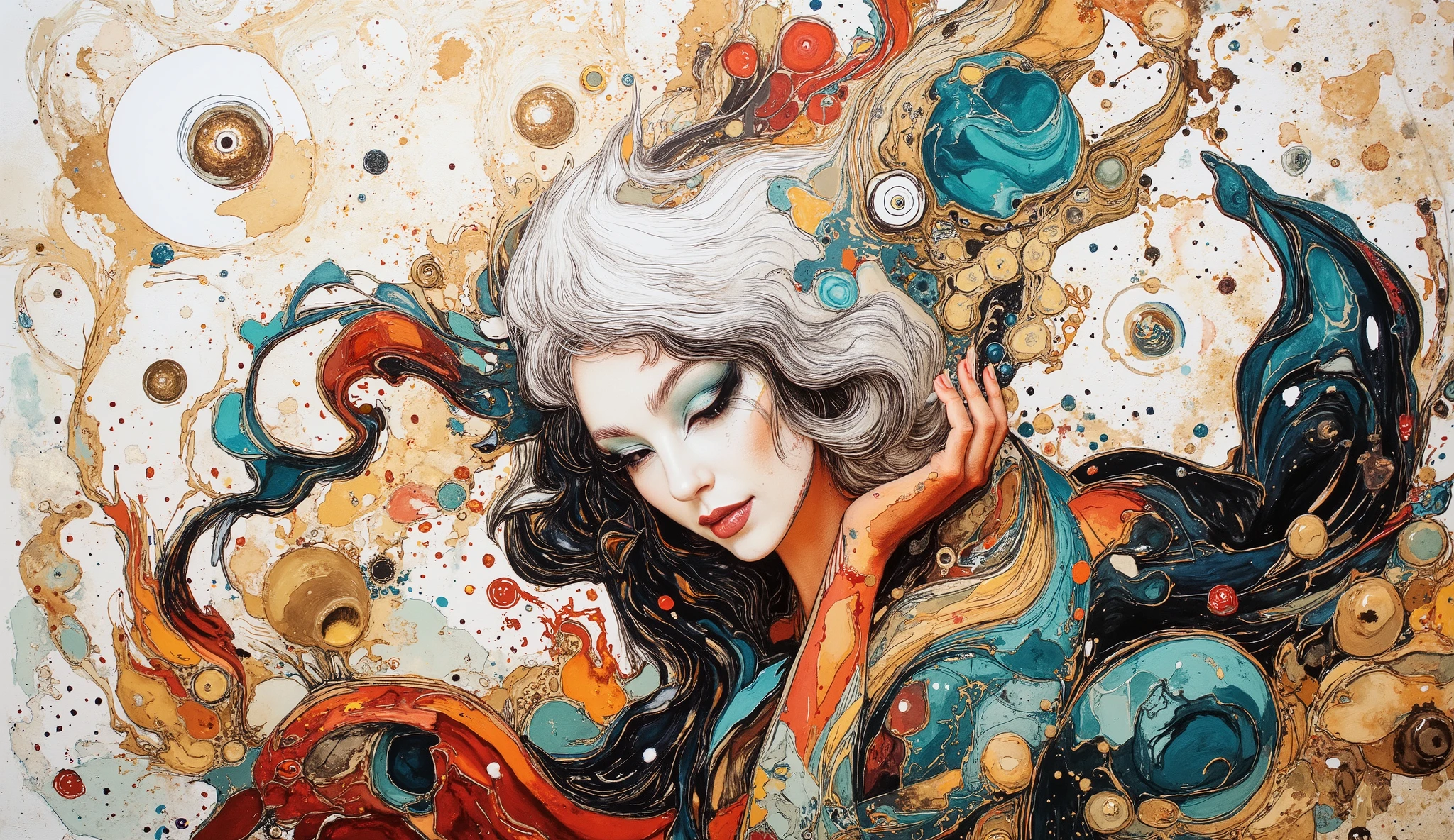 A whimsical fusion of patterns and colors brings to life an imaginative scene, featuring a central figure with flowing white hair and striking makeup, exuding an air of mystery. She is enveloped in a rich tapestry of bold geometric designs and organic motifs, intertwined with abstract forms . The background, rendered in white and gold tones with a textured pattern, supports the foreground's intricate details, while the visual balance is accentuated by elongated limbs and playful, exaggerated features. This artwork blends elements of surrealism and modern illustration, inviting viewers into a dreamlike narrative filled with expressive energy and captivating visual storytelling.