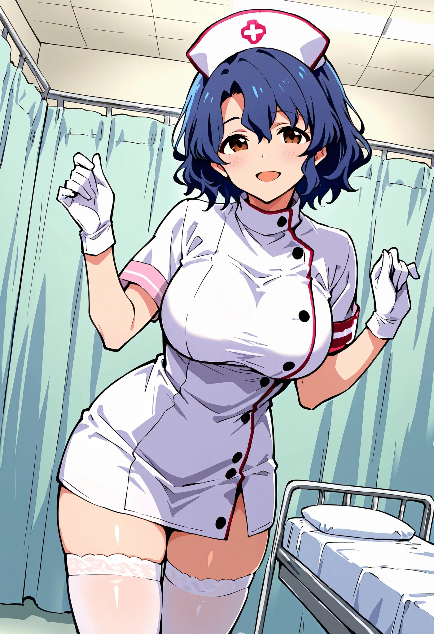Score_9, score_8_up, score_7_up, source_anime, ftk, solo, short hair, wavy hair, hair between eyes, blue hair, brown eyes, large breasts, (best quality), (high quality), {masterpiece}, extremely delicate and beautiful, ultra-detailed, beautiful detailed eyes, nurse, nurse hat, ((white nurse's outfit)), white gloves, white thighhighs, hospital room, smile, open mouth, standing
