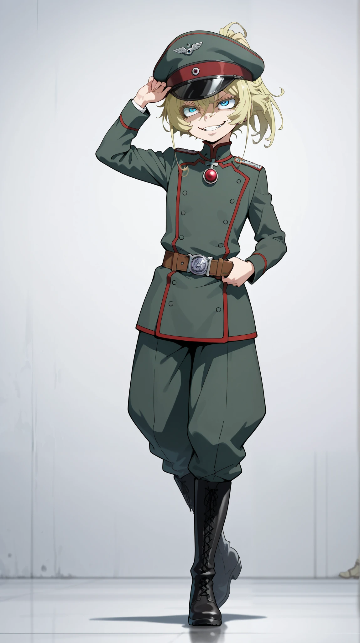 High quality , top quality , masterpiece, high res, detailed face , anatomically correct ,
tanya degurechaff, short hair, blue eyes, blonde hair, hair between eyes, sidelocks, ahoge, ponytail, short ponytail,
long sleeves, hat, belt, uniform, military, military uniform, peaked cap, military hat,boots ,,evil smile,right arm up diagonally above,Left hand on belt