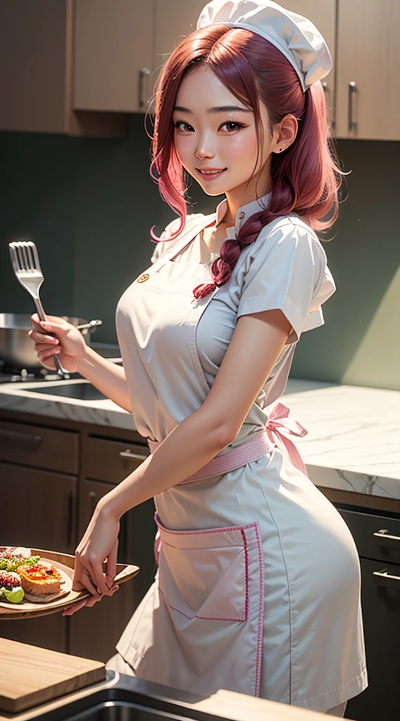 ((best quality)), ((highly detailed)), masterpiece, (detailed eyes, deep eyes), (1girl), dynamic angle, cowboy shot, mlpfluttershy, woman, gleeful smile, looking at viewer, ((long pink hair)), ((teal eyes)), (((waitress uniform))), cleavage, (indoor diner), light green skirt, apron, short skirt, collared shirt, woman, sexy, rosy cheeks, medium breasts, realistic proportions, unbuttoned white blouse, holding a plate, (((apron))), short puffy sleeves, headband, hand on hip, low cut blouse,