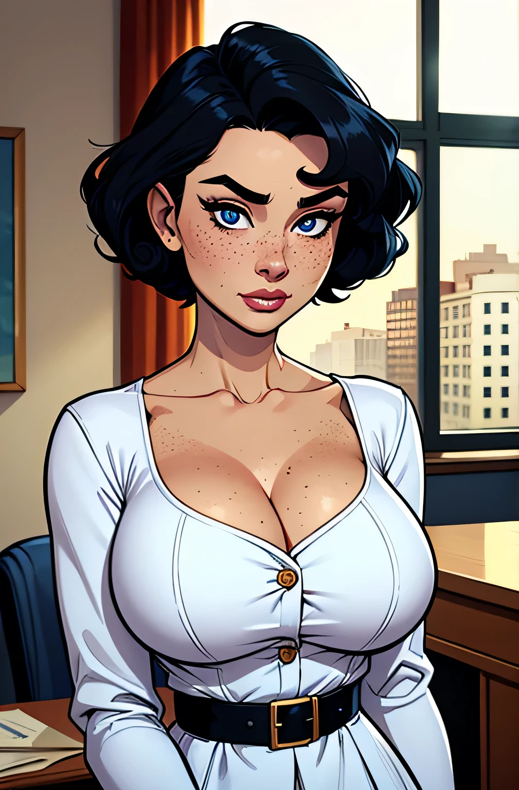 Amazing portrait of a cute and sexy woman with her black hair in a short bob hairstyle, cute but seductive eyes, perfect pink lips parted wearing glasses, long earrings, a loose oversized white t shirt falling off her shoulder emphasizing her bare shoulder and her medium chest seductively