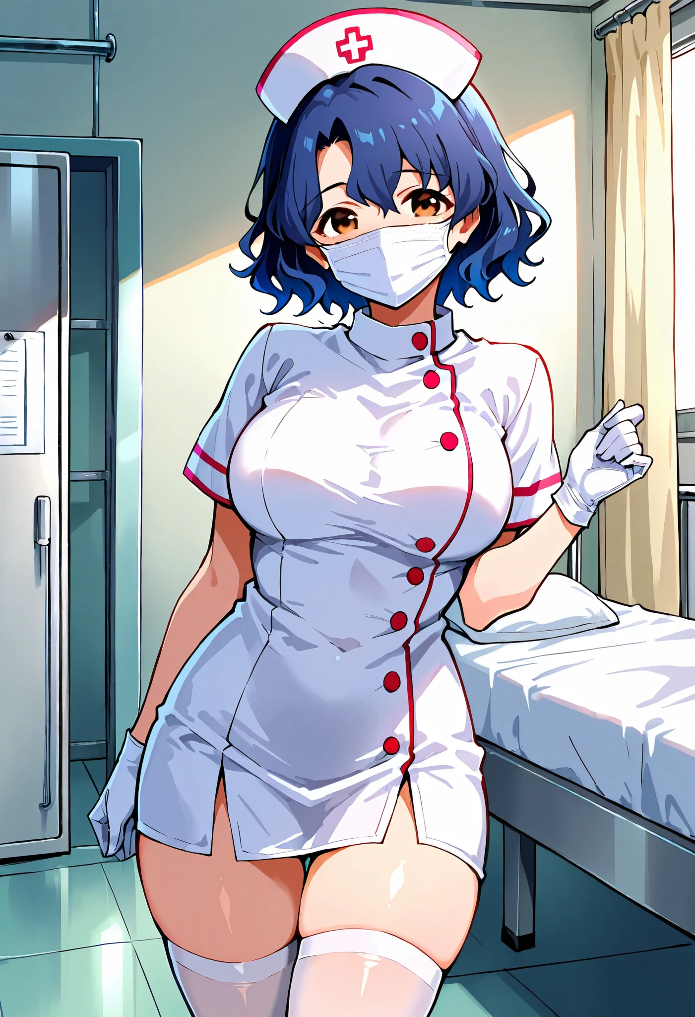 Score_9, score_8_up, score_7_up, source_anime, ftk, solo, short hair, wavy hair, hair between eyes, blue hair, brown eyes, large breasts, (best quality), (high quality), {masterpiece}, extremely delicate and beautiful, ultra-detailed, beautiful detailed eyes, nurse, nurse hat, ((white nurse's outfit)), white gloves, white thighhighs, hospital room, ((white mask, mouth mask, covered nose)), standing