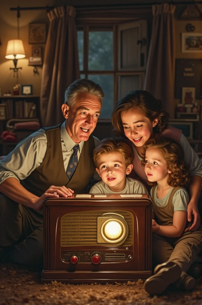 A nostalgic, Norman Rockwell-esque painting depicting a family gathered around a old projector, watching flickering home movies of past events. The artwork captures the bittersweet nature of reliving memories as time marches on.