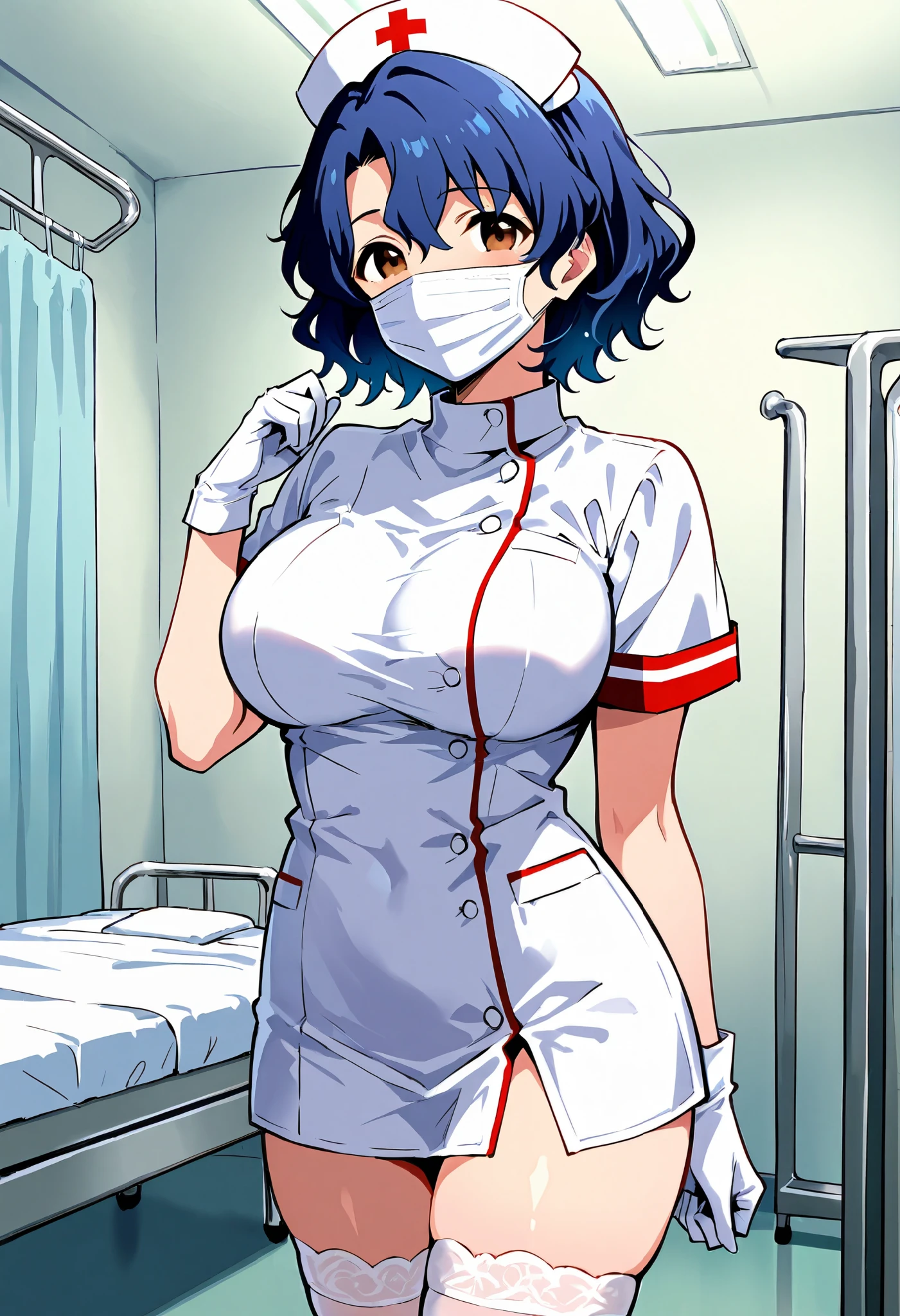 Score_9, score_8_up, score_7_up, source_anime, ftk, solo, short hair, wavy hair, hair between eyes, blue hair, brown eyes, large breasts, (best quality), (high quality), {masterpiece}, extremely delicate and beautiful, ultra-detailed, beautiful detailed eyes, nurse, nurse hat, ((white nurse's outfit)), white gloves, white thighhighs, hospital room, ((white mask, mouth mask, covered nose)), standing