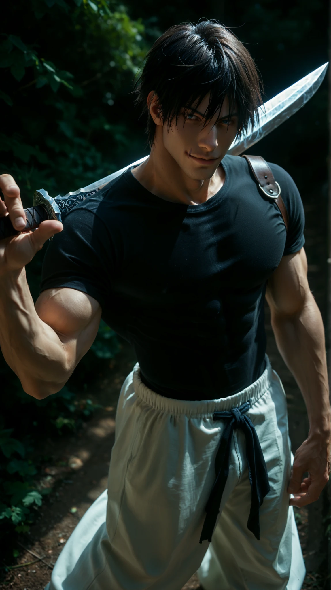 score_9, score_8_up, score_7_up, source_anime, solo, male focus, 1boy, jjkt0ji, scar on face, scar on mouth, muscular male, evil smile, looking at viewer, standing, weapon over shoulder, holding weapon, holding sword, blue eyes, black shirt, short sleeves, white pants, baggy pants, outdoors