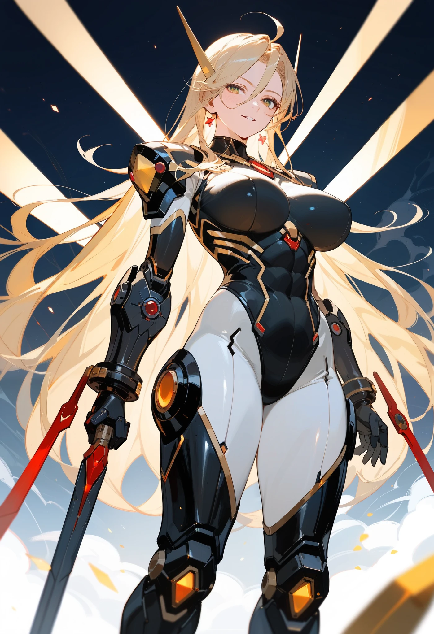 Gray translucent armor，Arm mecha，blonde short hair，Long ponytail hairstyle，Large Breasts，Cleavage，Pistol hanging from waist，fighter pilot，fighter hangar，Sexy，Lipstick，miss，Golden Eyes，stockings，Short skirt，Smile，red glasses