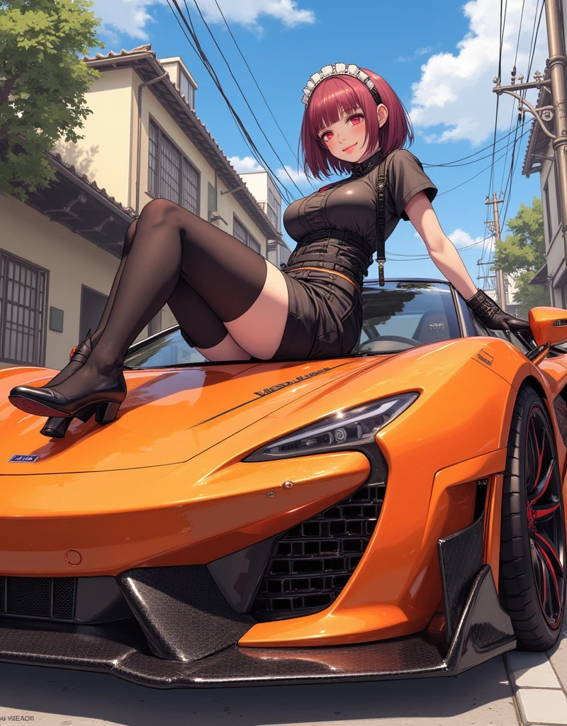 score_9, score_8_up, score_7_up, 1girl, solo, hourglass figure, Big breasts, kemonomimi, bear ears, brown hair, short hair, messy_hair, blue eyes BREAK freckles, (race Queen), black bikini, navel, red jacket, open jacket, high boots, black boots, sitting on car, outdoors, highway, looking at viewer, smirk, closed mouth, looking at viewer, cloudy sky, full body, high heels