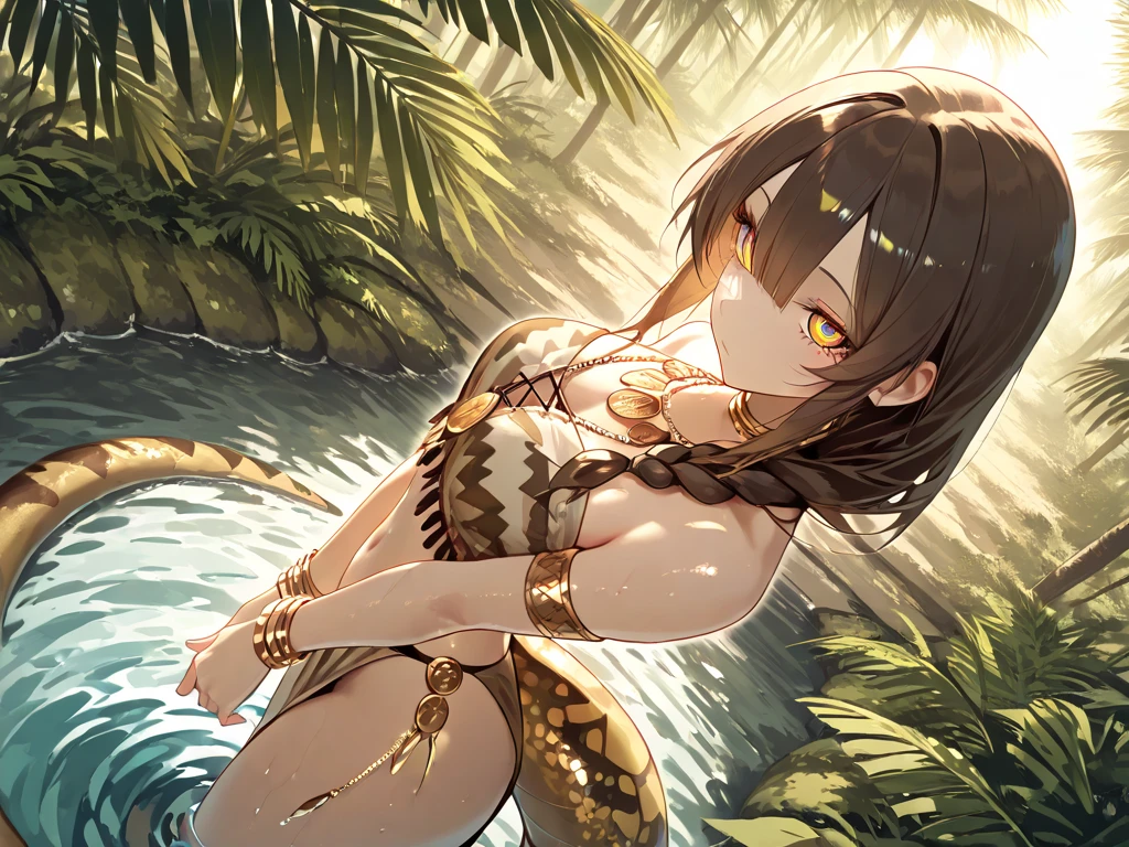 masterpiece, highres, absurdres, illustration, ((masterpiece:1.4, best quality)), (Ultra detailed background), 1boy, handsome man, highly detailed beautiful face and eyes, beautiful eyes, (sharp detail:1.3), shiny, earrings, bracelet, (wet bikini:1.3), Bari, Cebu Island, plumeria, near the beach, 1boy, sitting on floor, dynamic angle, full body, malleus draconia (twisted wonderland) horns, bishounen, boy, male, yana Toboso style, long hair, black hair, yellow green eyes, smile, gray lips, handsome, skinny, tall, yellow green glow,AddXL
