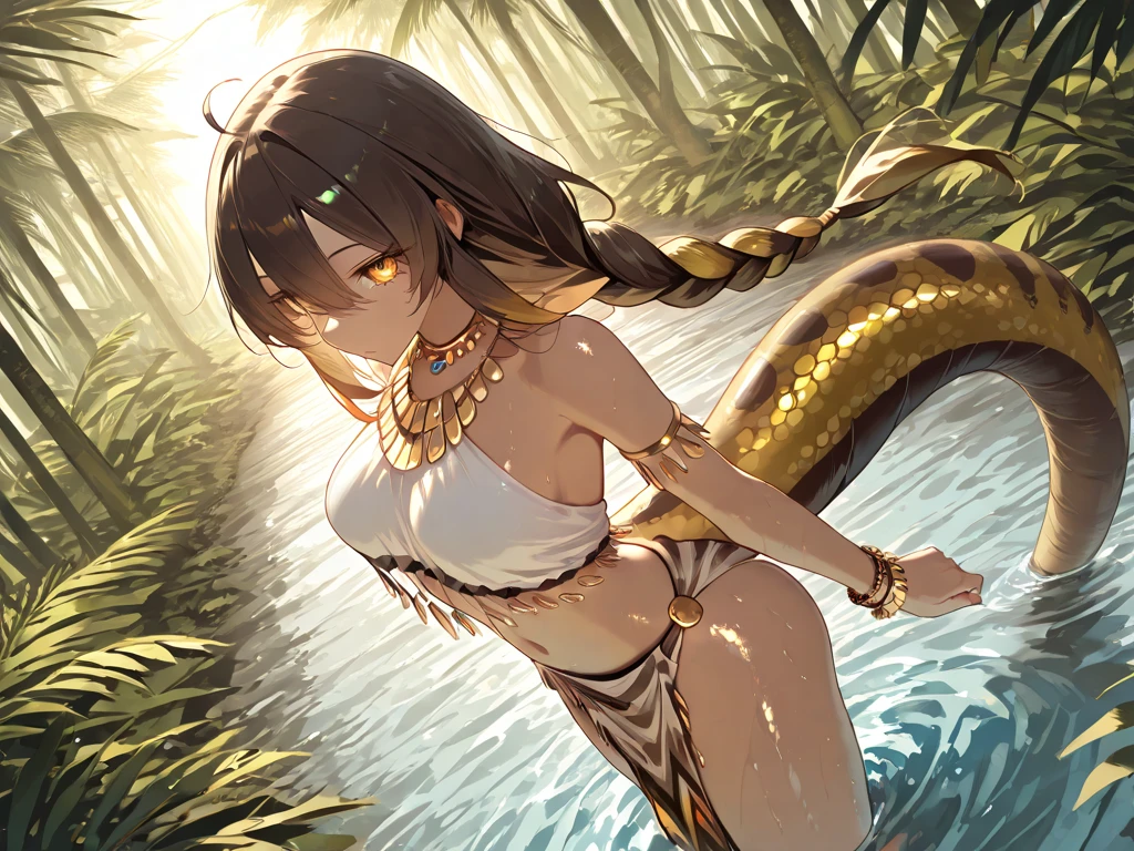 Girl, snake princess, golden scaley bikini, snake crown, snake head belt buckle, golden snake pet, swimming in river, wet,covered in water, wet hair, long hair, golden snake high heels, golden nail polish, golden bracelets, golden anklets, golden gleaming eyes