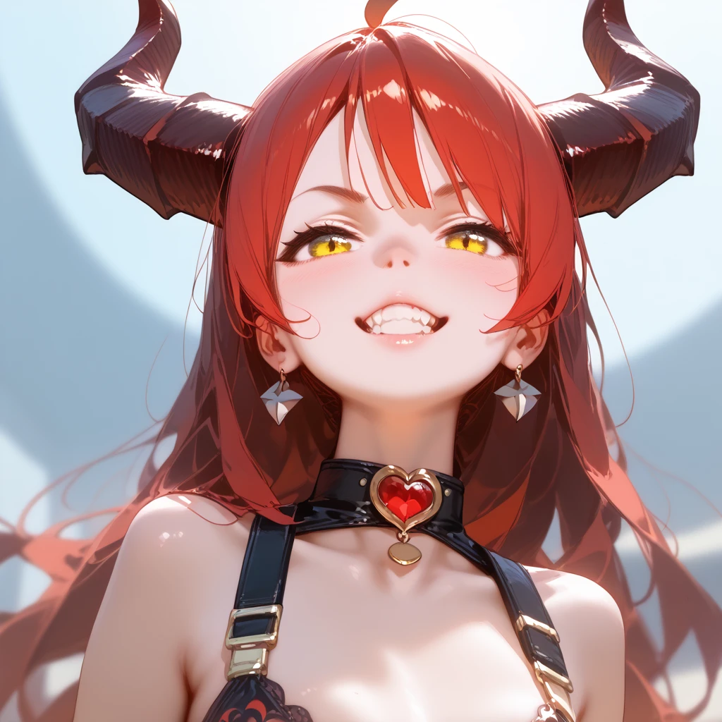 ((extreme detail)), (ultra-detailed) best quality, red bodysuit, red halo, horns, devil, succubus, evil smile