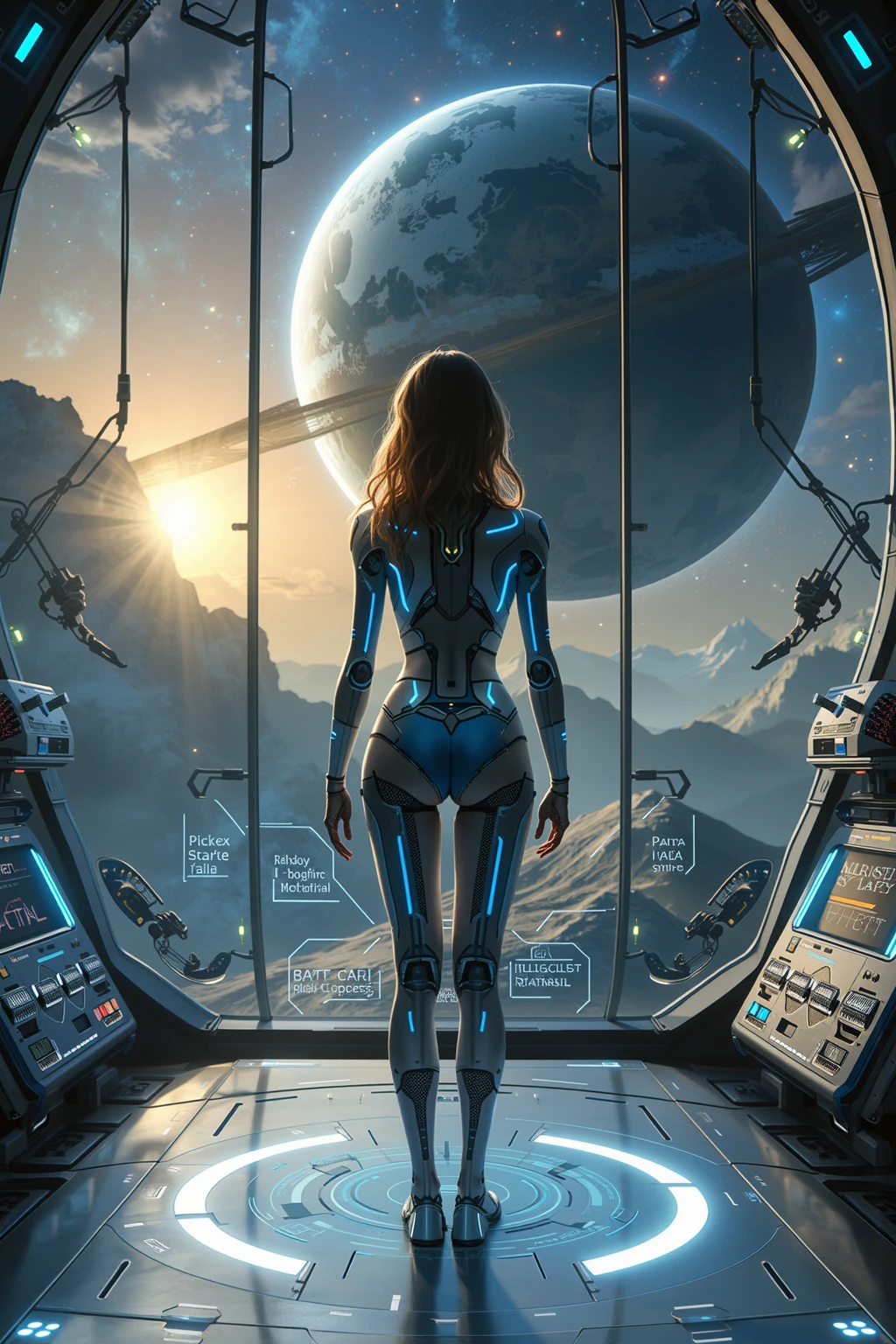 Highest quality,(masterpiece:1.2),Ultra-high resolution,Raw color photography,8K,Vast landscape photography,Realistic photos,Elaborate photos,Woman living in a futuristic city,,(From the back:1.5),(From below:1.2,Woman standing in a futuristic city,The vast city spreads out before your eyes,The sky is a vast universe,Dark Sky),Written boundary depth,Wide Light,Low contrast,Backlight,Sharp focus,Vibrant colors,Dynamic configuration