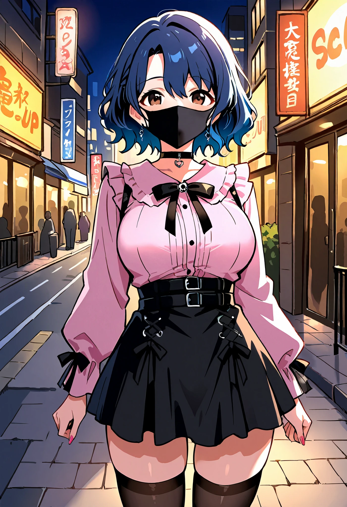 Score_9, score_8_up, score_7_up, source_anime, ftk, solo, short hair, wavy hair, hair between eyes, blue hair, brown eyes, large breasts, (best quality), (high quality), {masterpiece}, extremely delicate and beautiful, ultra-detailed, beautiful detailed eyes, jirai kei, pink shirt, black skirt, black choker, black thighhighs, shibuya, street, night, ((black mask, mouth mask, covered nose)), standing