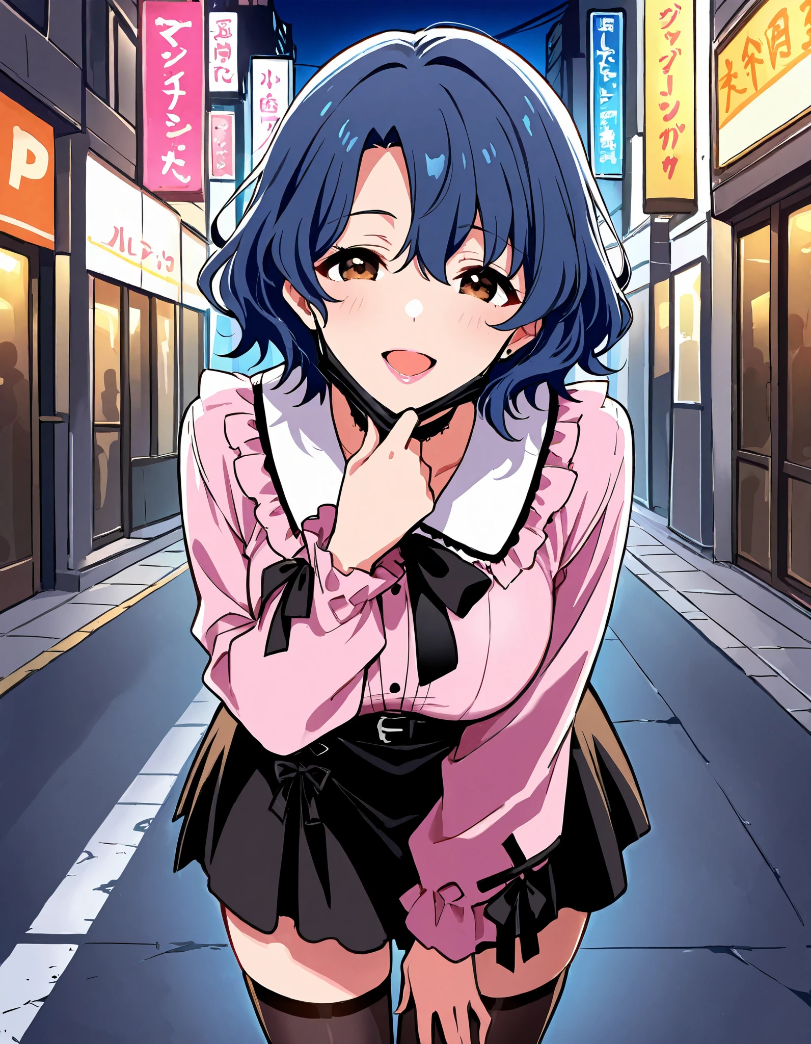 Score_9, score_8_up, score_7_up, source_anime, ftk, solo, short hair, wavy hair, hair between eyes, blue hair, brown eyes, large breasts, (best quality), (high quality), {masterpiece}, extremely delicate and beautiful, ultra-detailed, beautiful detailed eyes, jirai kei, pink shirt, black skirt, black choker, black thighhighs, shibuya, street, night, black mask, mask pull, pink lips, smile, open mouth, leaning forward