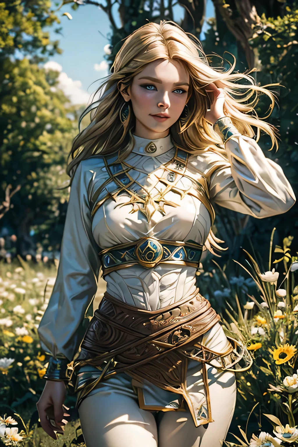 "(Best Quality,hight resolution,Masterpiece:1.2), girl beautiful detailed blue eyes,Stunning blonde with long hair, tail, Hair gathered in a ponytail,Girl with a charming smile, Clothes made of tanned leather, briefs, leather armour, soft natural lighting,Flower garden background,bright colours,Fine Brush Stroke Technique,Accentuate the girl's joyful expression,A gentle breeze gently rustles her hair,Meticulous attention to facial features and hair strands,Realistic skin tones and textures, A keen eye, Battle Maiden, Figure Warfare, athletic build, musculature, long leges, Long Range