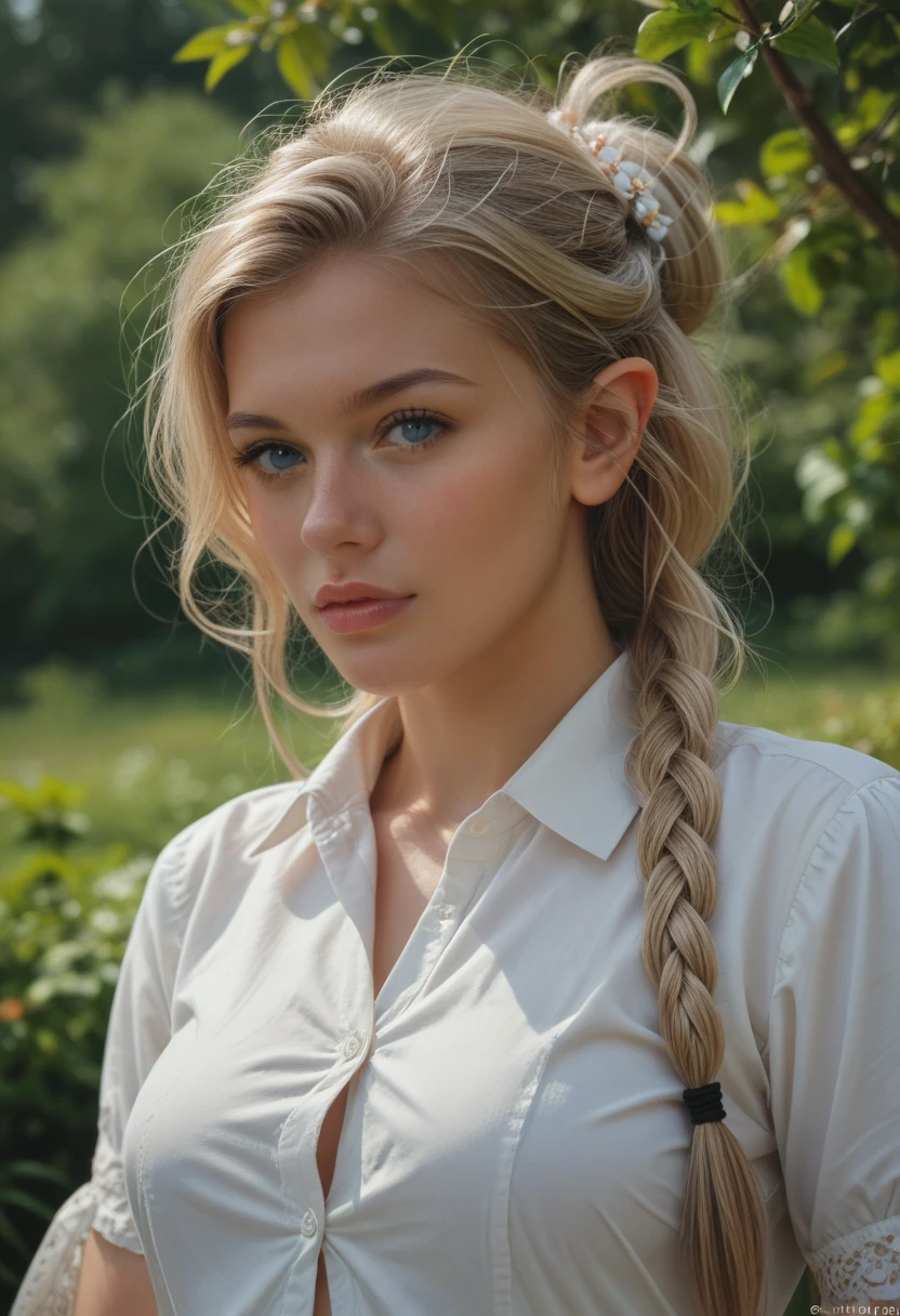 closeup headshot of S371_AlenaUshkova,a beautiful woman,in a (garden:1.1),wearing a (shirt:1.1),(ponytail),(4k, RAW photo, best quality, 35mm, depth of field, ultra high res:1.1),(intricate, photorealistic, cinematic-shot, masterpiece, ultra-detailed:1.1),