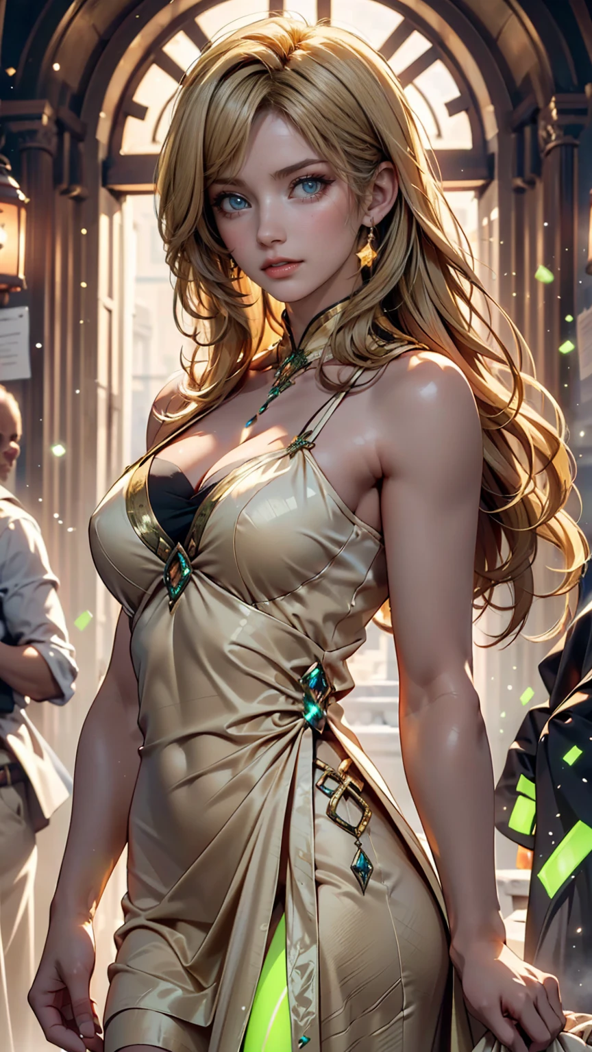 (Very detailed, Realistic, Highest quality, 4K, 8k, High resolution, masterpiece:1.3), An attractive flight attendant with a graceful and elegant figure. Erin Anderson is tall and slender, long, Long, wavy, golden blonde hair styled in loose curls. Long hair that reaches down to the buttocks.She has attractive, friendly, bright green eyes.(Long hair that reaches down to the buttocks:1.5)((とてもlong髪))((Smile、Embarrassed smile)) ((breathtaking beauty, flowing robes, golden crown on her head, goddess-like demeanor, ethereal atmosphere, majestic throne:1.3)),