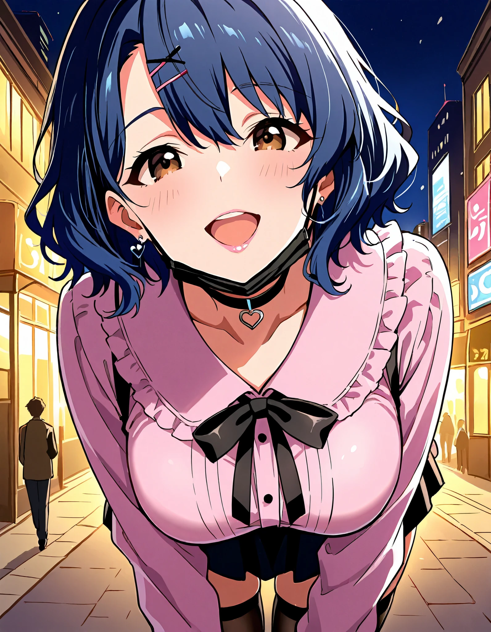 Score_9, score_8_up, score_7_up, source_anime, ftk, solo, short hair, wavy hair, hair between eyes, blue hair, brown eyes, large breasts, (best quality), (high quality), {masterpiece}, extremely delicate and beautiful, ultra-detailed, beautiful detailed eyes, jirai kei, pink shirt, black skirt, black choker, black thighhighs, shibuya, street, night, black mask, mask pull, pink lips, smile, open mouth, leaning forward
