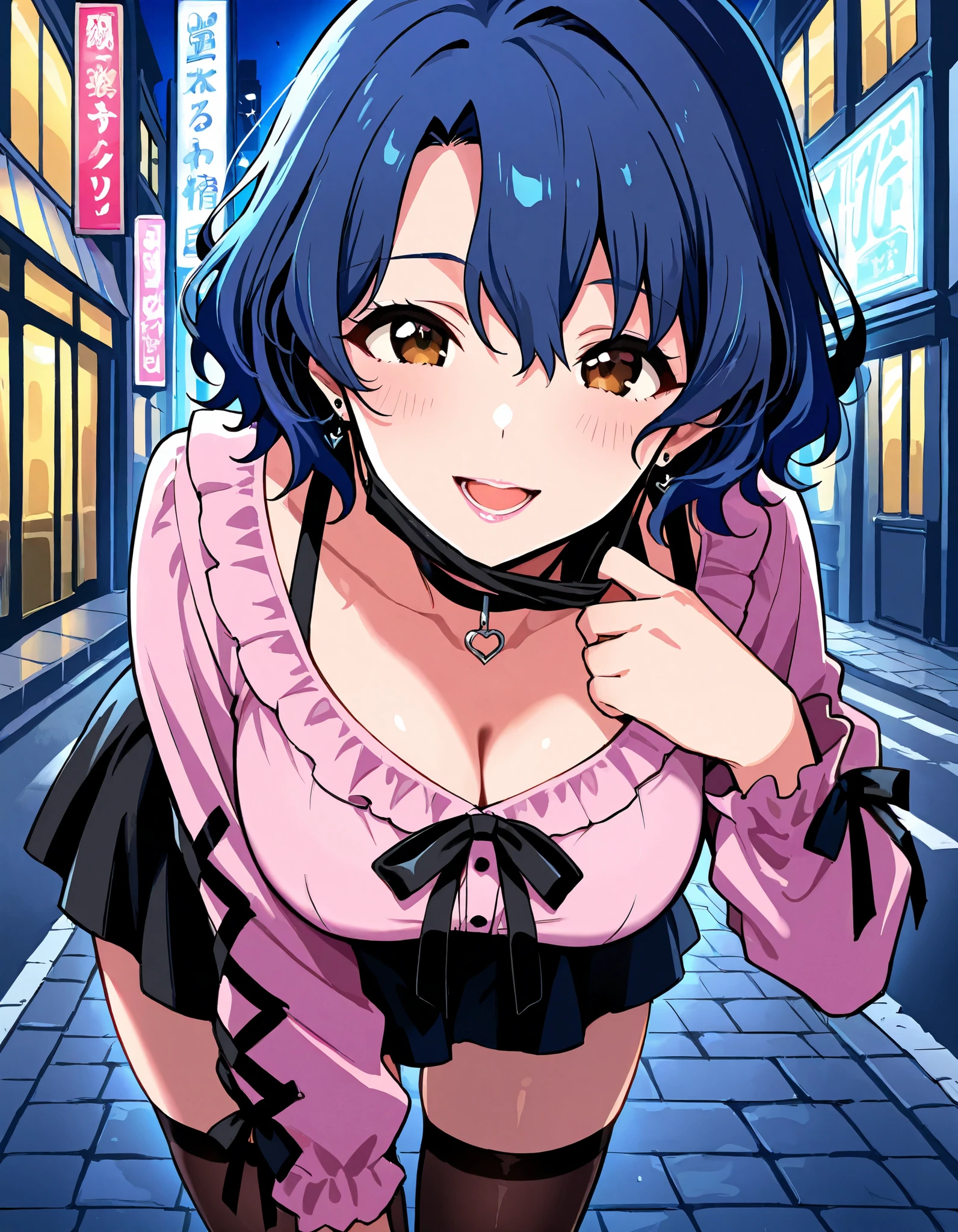 Score_9, score_8_up, score_7_up, source_anime, ftk, solo, short hair, wavy hair, hair between eyes, blue hair, brown eyes, large breasts, (best quality), (high quality), {masterpiece}, extremely delicate and beautiful, ultra-detailed, beautiful detailed eyes, jirai kei, pink shirt, black skirt, black choker, black thighhighs, shibuya, street, night, black mask, mask pull, pink lips, smile, open mouth, leaning forward