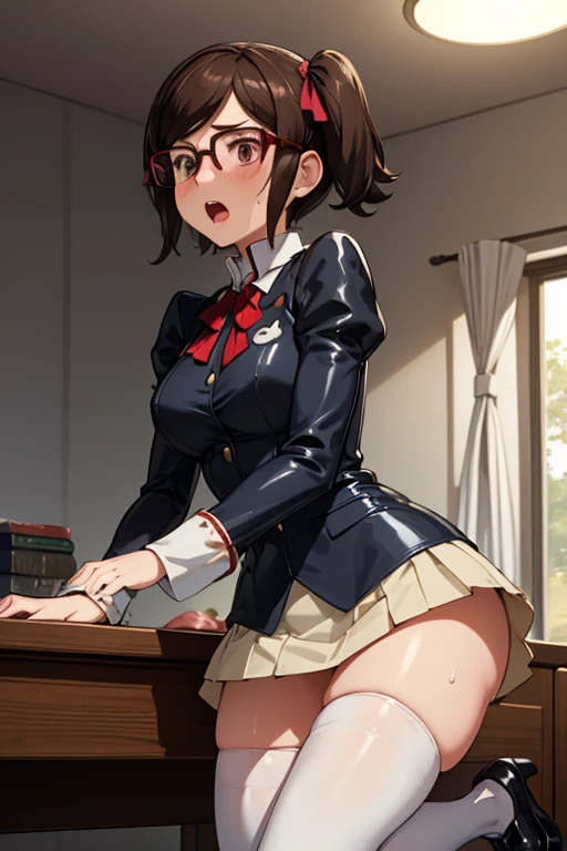 Library, expressionless  , black hair, uniform, glasses, sex with a man, convulsions, wet crotch、Love juice, climax, legs shaking、Semen overflows from the pussy in I-shape balance