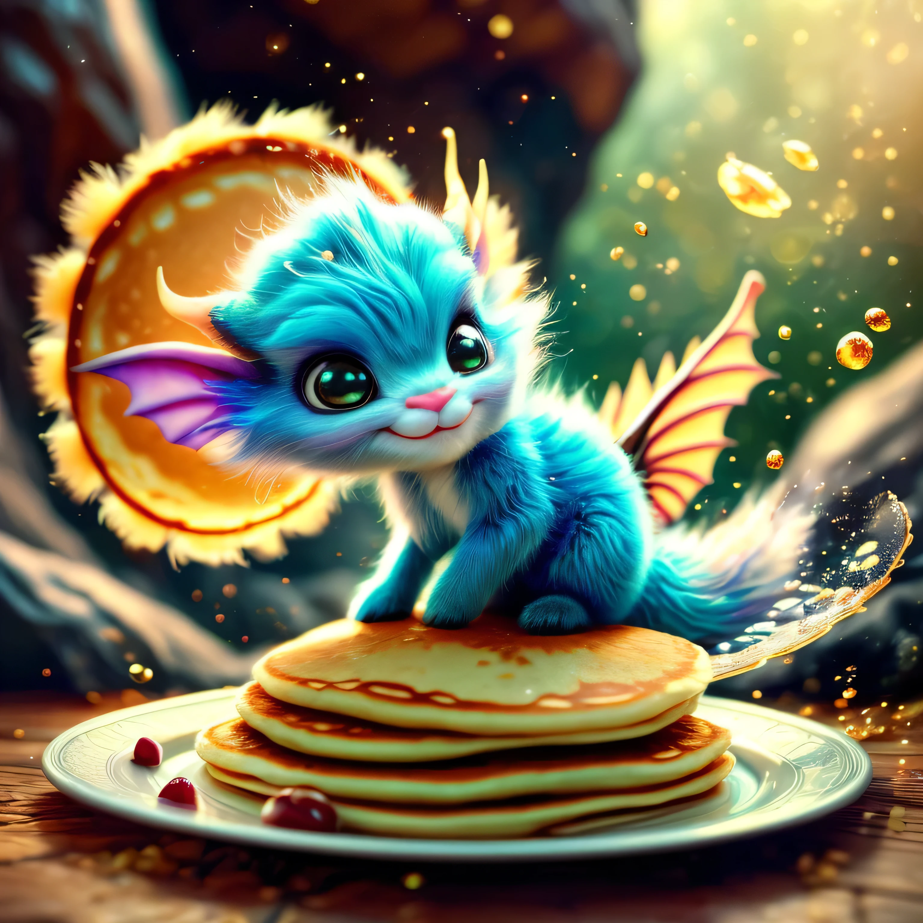 whimsical airbrush and oil painting, best angle of a Very cute ethereal shimmering mythical graceful transparent anthropomorphic furry imp holds enchanted plate of pancakes, thin paws, fragile legs, imp spirit, Mystical cavern where the honeycombs hang in a professional photograph by Awwchang :: Luis Royo :: WLOP :: Artgerm Lau :: Anne Stokes :: natural deep colors