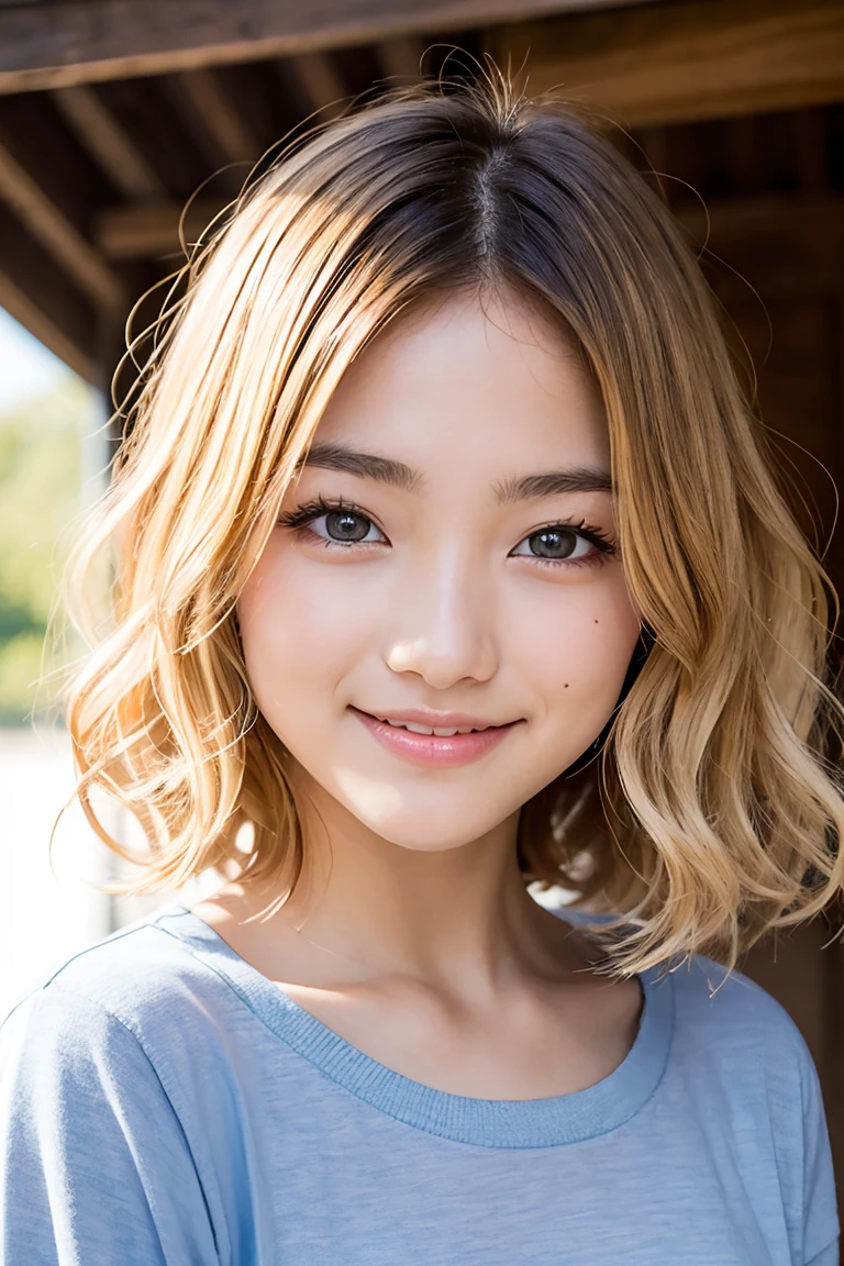studio light, Depth of the bounds written, Upper body, thin, cute顔, smile, beautiful detail eyes, 19 years old Japanese, cute, Warm blonde voluminous curls, plaza, casual