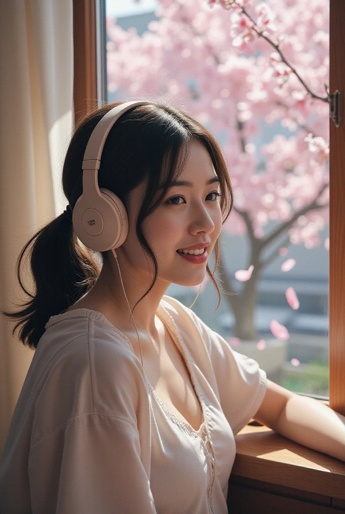 Lofi style girl listening to music with headphones , With a smiling face that can see teeth、I'm looking out the window of the room where cherry blossoms are falling outside , Looking out of the room window, cherry blossoms were falling