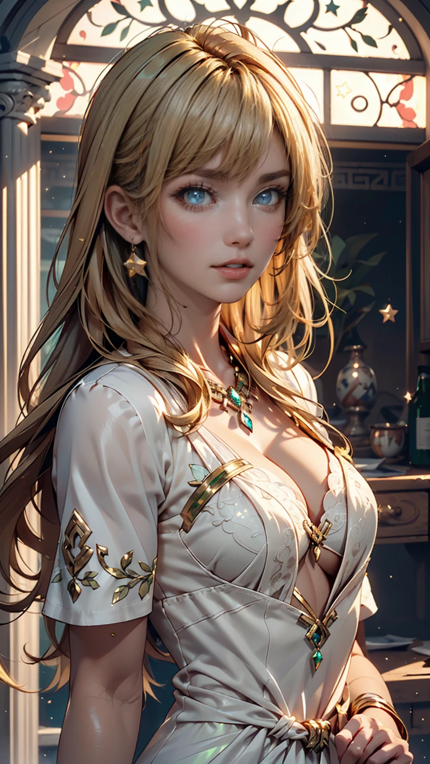 very cute, Blonde Hair, Big smile, One 20-year-old girl, 1. Goddess Athena, The beautiful, flawless face of the goddess Athena, delicate yellow nightgown, Lots of sexy black lace detailing、Long sheer sequined nightgown, A beautiful pale red silk half veil, Legends of female saints, Icons of female saints, Beautiful goddess-like glitter, Dark and mysterious version, Vermilion lips, Plump red lips, ((口をclose:0.9)), Complete teeth, Symmetrical incisors, Bright white teeth, ((Angry face:0.8)), delicate and beautiful pino detailing, delicate and beautiful lip detail, (Pure and perfect face: 1.9), Female Eucharist, Round Breasts, 大きくてRound Breasts, Phoenix Brooch, Long, flat bangs, Long black hair, Beautiful, clear face and well-proportioned eyes, (Pale pink eyes with transparent irises: 1.8), (Big round eyes and makeup, Sexy wet eye makeup, So beautiful、Careful hair and makeup, long and delicate blonde hair, delicate, Body image: 1.8), shape: Brilliant and, (The stars that make up the sky々: 1.7), (The Gate of Heaven and Imaginary Time and Space: 1.8), Imaginary art, RAW Photos, hanfu pictures, Best Photos, High resolution, 最high quality, Best Photos, Best Goddess Quality, 8k female, Super 8 Single Saint Portrait, The most true color scheme, masterpiece, Best Beauty Brands, Best Hair Jewelry, Brand real photo, Dark studio, Border Light, Two-tone lighting, (Rosy white skin: 1.4), (High skin detail: 1.1), 8k uhd, SLR, Soft Light, 8k, high quality, Frank, Smooth and sharp volume, 10x more pixels, Sexy Goddess, Sexy Goddess, (Background Space: 1.8), (The most beautiful aurora eye: 1.7), Beautiful Eyes, The aurora is beautiful and flower-like, (Beautiful single women: 1.8), (see here:0.8), close, Approaching the Goddess, Clear and unrealistic