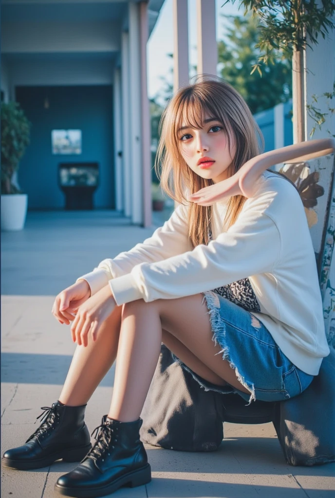 RAW photo, casual photo of beautiful 18yo  swedish  woman with  perfect hair  wearing    tshirt and  Lounge shorts   squatting on  rollerskates  , sexy posture,Golden hour,     at street, (full body shot), full body,  looking into camera, 1girl,  view from front,  extremely high quality RAW photograph, detailed background, intricate, Exquisite details and textures, highly detailed, ultra detailed photograph, warm lighting, 4k, sharp focus, high resolution, (detailed skin:1.2), detailed eyes, 8k uhd, dslr, high quality, film grain