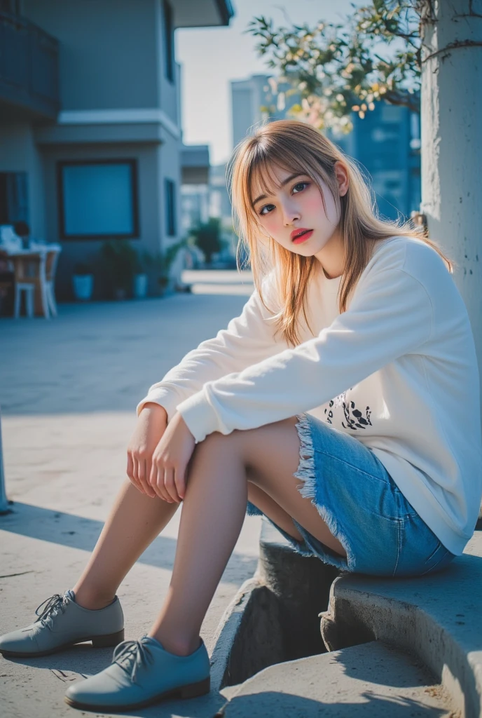 (masterpiece, highest quality:1.1), (8k, RAW Photos, Photorealistic:1.2, f22), (Shiny skin), Detailed skin, Slightly large chest, Blonde Hair:1.3, Medium Bob Hair, Detailed face, Fine grain, Cool look, break, Real World, Intricate details, smile, break, One girl, whole body, (White T-shirt:1.4, Denim shorts:1.3, Black sneakers), break, (Big cities:1.3, Wet day)