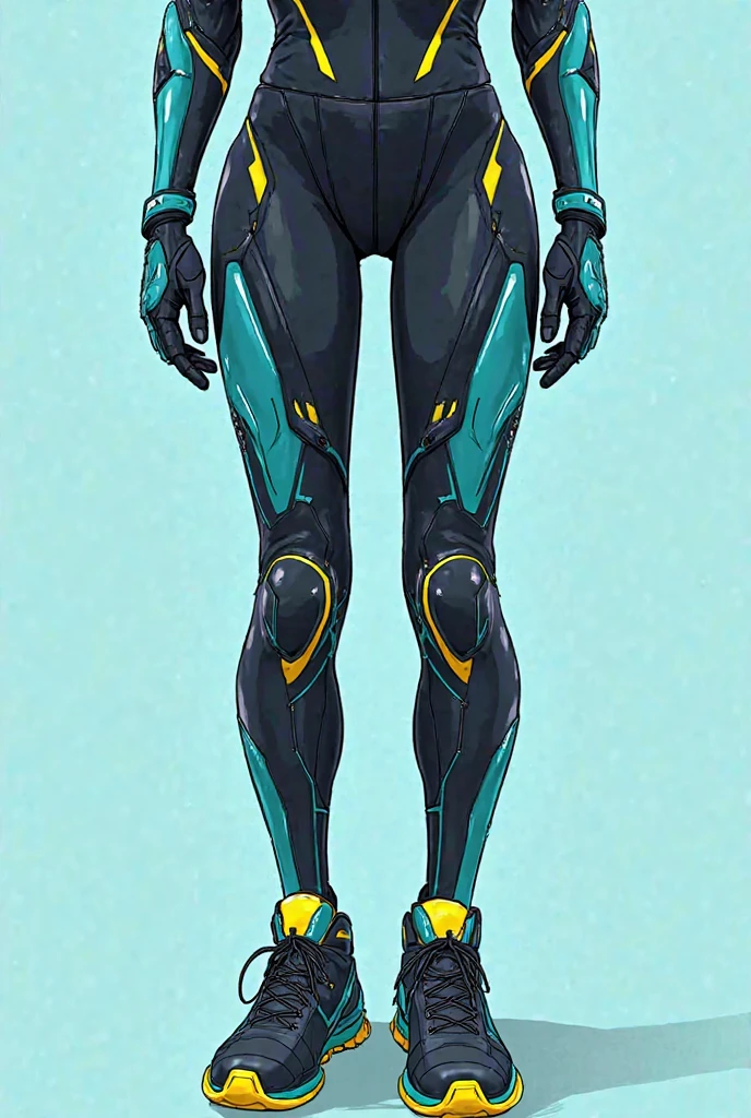 anime style, a futuristic leg armor inspired by sprinters' sneakers, combining advanced technology and aerodynamics. The design covers the thighs, knees and feet, made of an ultra-light metal alloy and carbon fiber. The main colors are vibrant black and cyan, with electric yellow details that shine subtly. The boots have an assisted propulsion system and an adaptable sole for maximum traction and stability. Soft and aerodynamic lines make the design elegant and functional.