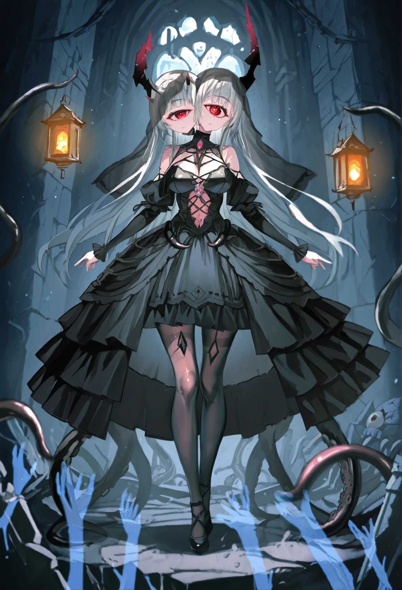 Two-headed woman. ((Twin heads)) ((Cyclops Eye)) Silver hair. Long hair. Gothic dress. Black and white dress. Arthropod motif costume. Rib motif costume. Horns on her head. Mono-eye. Breasts perky. Transparent tights chest. Veil. Tentacles from behind. Tentacles with mouths. Lantern. A broken castle. Ruins.