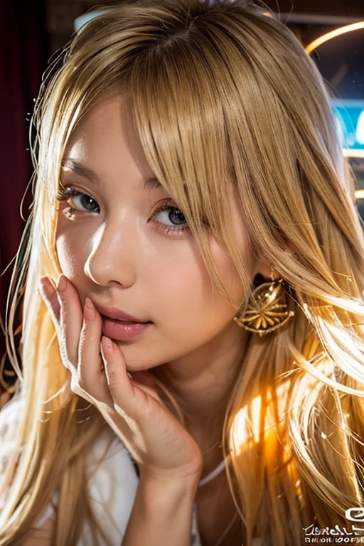 1 female, Flashy Japanese Gal, 20-year-old,((Completely naked)),((No clothes)),Double Eyes,mile, Detailed face, A sloppy smile, big ring earrings，Ring Bracelet, big flashy necklace, Rich silver eyeshadow, Gorgeous glitter makeup，Long False Eyelashes, Thick eyeliner, ((blonde, Shortcuts, Bangs hanging over the eyes:1.5))，Flashy Nails, fine grain,  Slim figure,Flat Chest, Small hips,Official Art，Highly detailed CG Unity 8k wallpaper, (masterpiece:1.0),(highest quality:1.0), photo shoot, 8k, Browsing Caution, High resolution, Kodak Portrait 400, Film Grain, Lens flare brilliance,Very low camera angle, View your audience, (Close-up face:1.3)