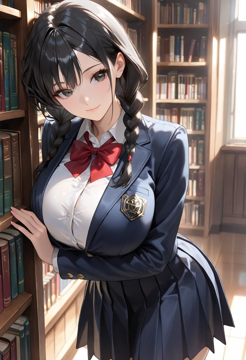 1 girl、A beautiful girl with her black hair up is looking at me.、Laugh a little、Idol-level cuteness、Baby Face、Lift your skirt、Show me your panties、thin、Big Breasts、Healthy Thighs、Navy Blue Blazer、White blouse inner、Navy Long Skirt、Black lace panties、at the library、Knee-length、Cowboy Shot、Anatomically correct、Accurate Fingers、Accurate Rimbuster Piece、Accurately drawn faces、Photographic reality、, ai-generated,Shiny Costumes, skindentation,