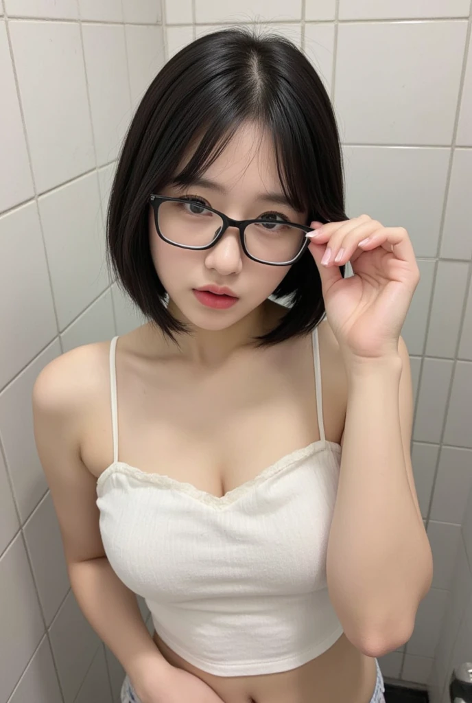 (((masterpiece,highest quality))),（lively， High resolution：1.3）， 1 Girl with perfect body， highly detailed face and eyes，glasses,　long hair， random color tank top：1.2， short jeans， big ，expose cleavage