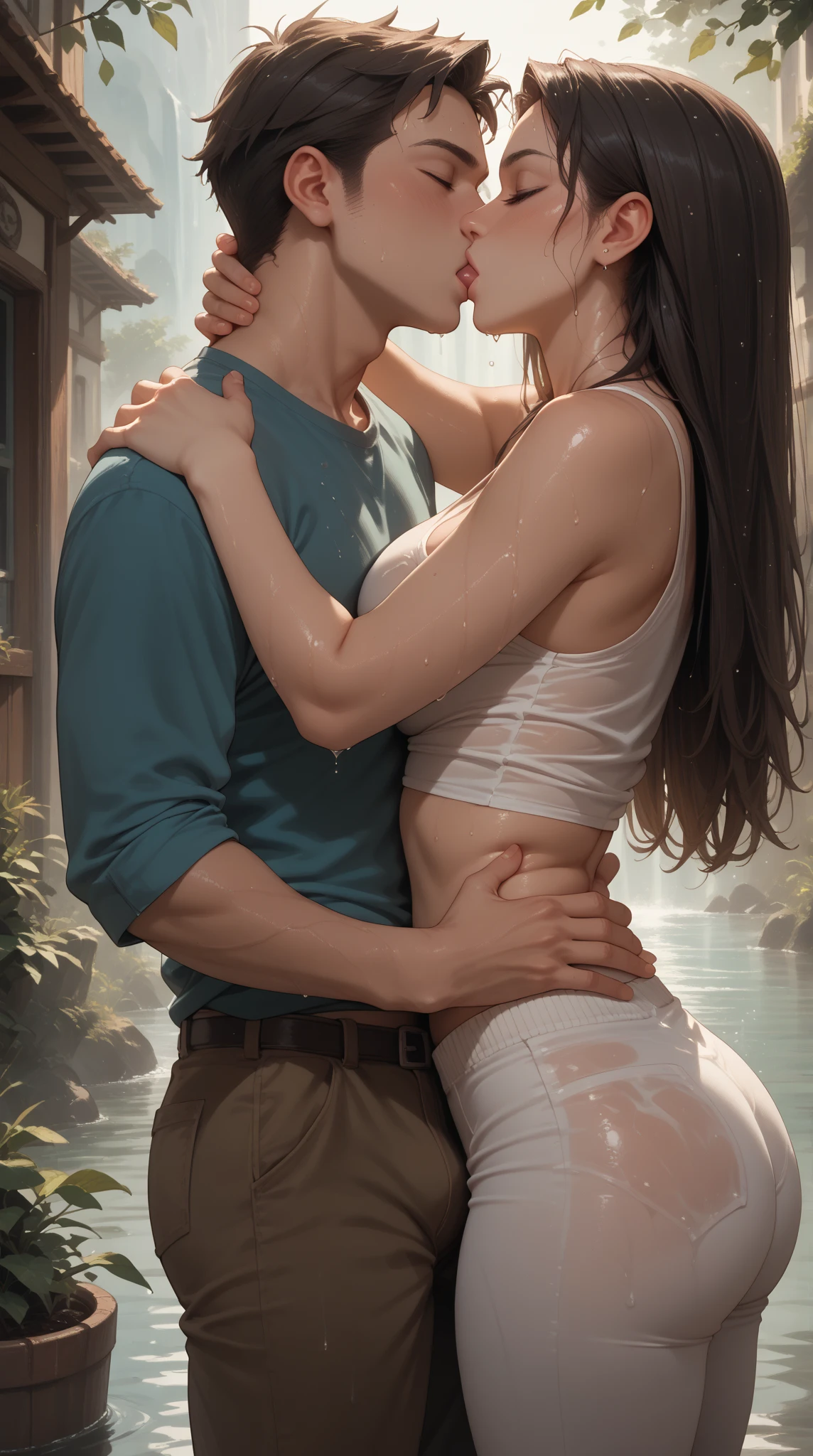 It is raining heavily in the jungle. The boy has hugged the girl from behind. The girl is wearing a white printed long t-shirt which is completely wet. That's why her big breasts are visible and we are touching her with our hands. The boy is holding her vagina