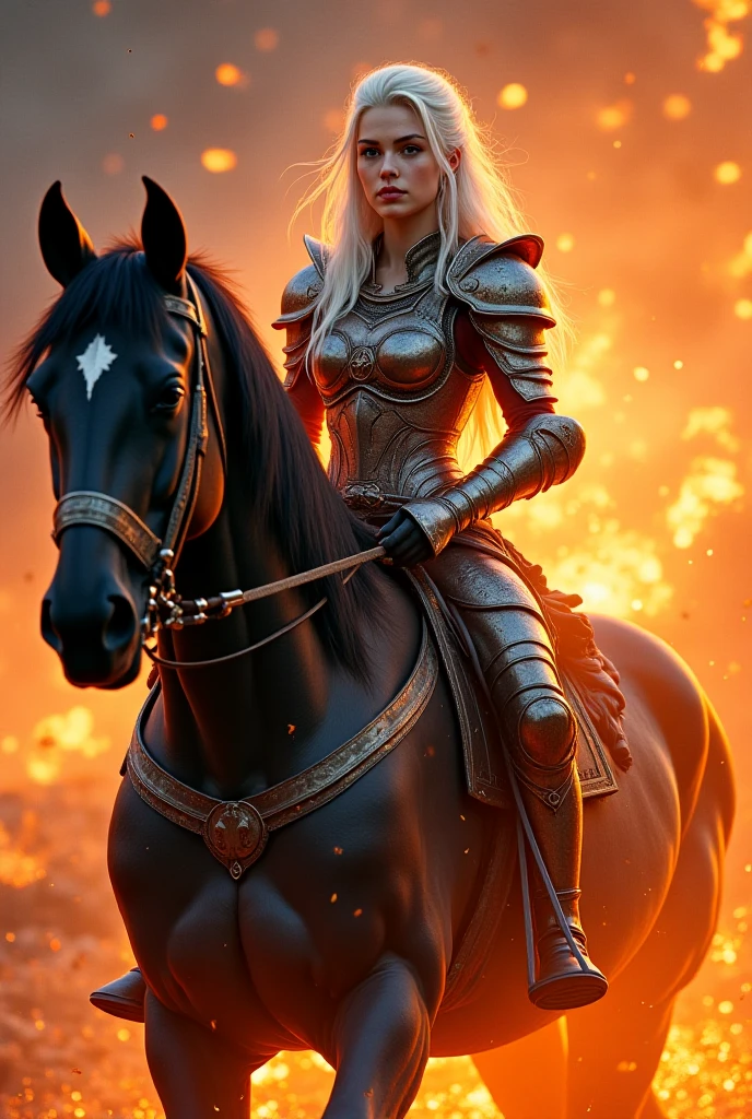 (best high quality:1.2), Work of art, 8k, extremely detailed, (High detail:1.2), Solo, Templar woman, face covered, sword of fire, on a horse, (huge breasts:1.4),