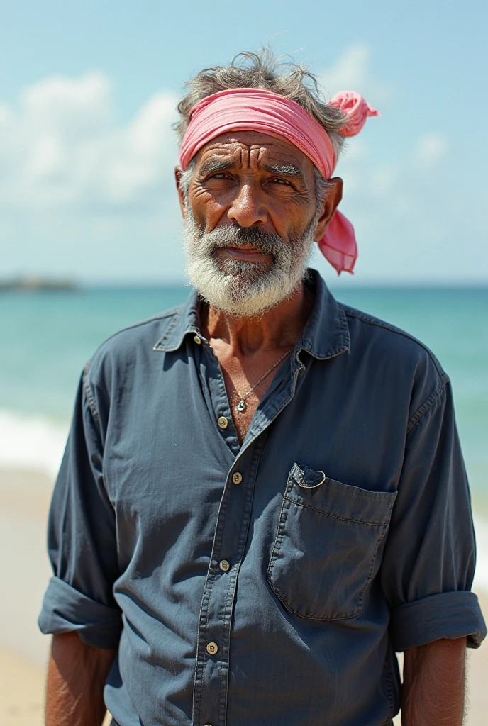 ultra realistic image in high definition. Amidst the clouds of a blue sky, a thin, very weak old man with black skin wears a white tunic and dances leaning on his wooden staff. We don't see his face. His face is completely covered in beads. On his arms we see thin silver bracelets. The man is enveloped in air. The old man is stooped and hunchbacked.