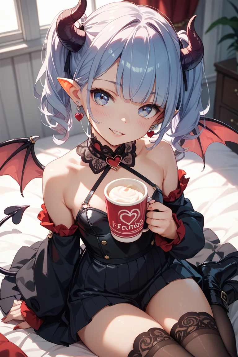 masterpiece, best quality, 1girl, pov, (cup coffee), black hair, looking at viewer, long sleeves, evil smile, necklace, hair ornament, red eyes, outdoors, table, arms behind back, demon girl, wings, night, medium breasts,