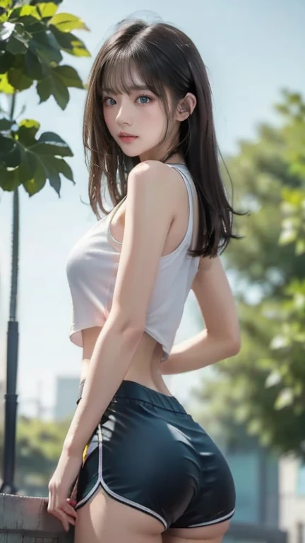 ((((8k))),((Extremely meticulous CG)) ,(wallpaper),16k,((Extremely refined and beautiful)),(((Masterpiece))),(((best qualtiy))),(((Ultra High Resolution))),beautiful light up,realistic shaded,(Smooth and flawless fair skin:1.5),(pale skin:1.3),(Extremely exquisite facial details:1.2),(perfect body:1.2),(ultra-detailed:1.5),((A beautiful girl,solo)),(small head:1.2),(short ponytail:1.3),(slender face:1.3),(Exquisite makeup:1.2),(blush:1.5),(sweat:1.5),((slim,thin)),(laughing:1.2),(tank top:1.5),(bare back:1.3),(towering hips:1.3),(sports shorts:1.3),(day scene:1.5),(cloudy:1.3),(oudoor:1.3),(In residential area:1.3),(On the path of the garden full of colorful flowers:1.3),(High rise residential buildings:1.3),(cyberpunk style:1.3),(detailed background:1.5),(standing:1.3),(walking:1.3),(butt crack:1.3),(upper body:1.3),(from front:1.3),(early summer:1.3)