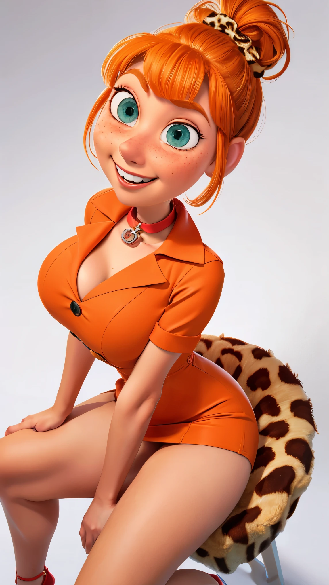 a girl, orange hair tied in a bow , green eyes , light smile base , freckles on the cheeks , thin eyebrows, white collar with bow , leopard print blouse with collar , pale skin, of foot, cartoon , (Pixar:1.2), Lucy Wilde, long nose, successes, short skirts , full view of the body, wide hips, big , tight top, Camel Toe, big , big , Camel Toe, wide hips, snow in the background , (( a beautiful woman, Big breasted blonde, tight red dress , seen from above, selfie, sitting, Cross Legs, sexy))