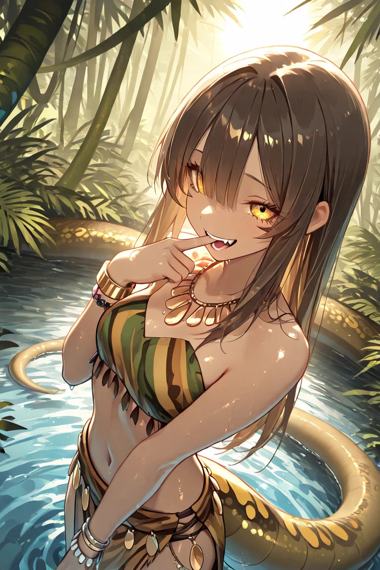 A tanned-skinned anime girl lies despondently on the ground, her hand cradling her abdomen in agony. Her fabric revealing the faint outlines of her ribs. Long sun-kissed locks cascade around her face, concealing it from view. Her despairing expression, etched with lines of hunger and suffering, speaks of a life devoid of sustenance. The sunlight filters through the foliage above, bathing her emaciated figure in a warm, golden glow that accentuates the definition of her bones. The bikini top covers her busts, leaving little to the imagination, she lying down on the forest floor with her eyes closed in immense pain and suffering from hunger