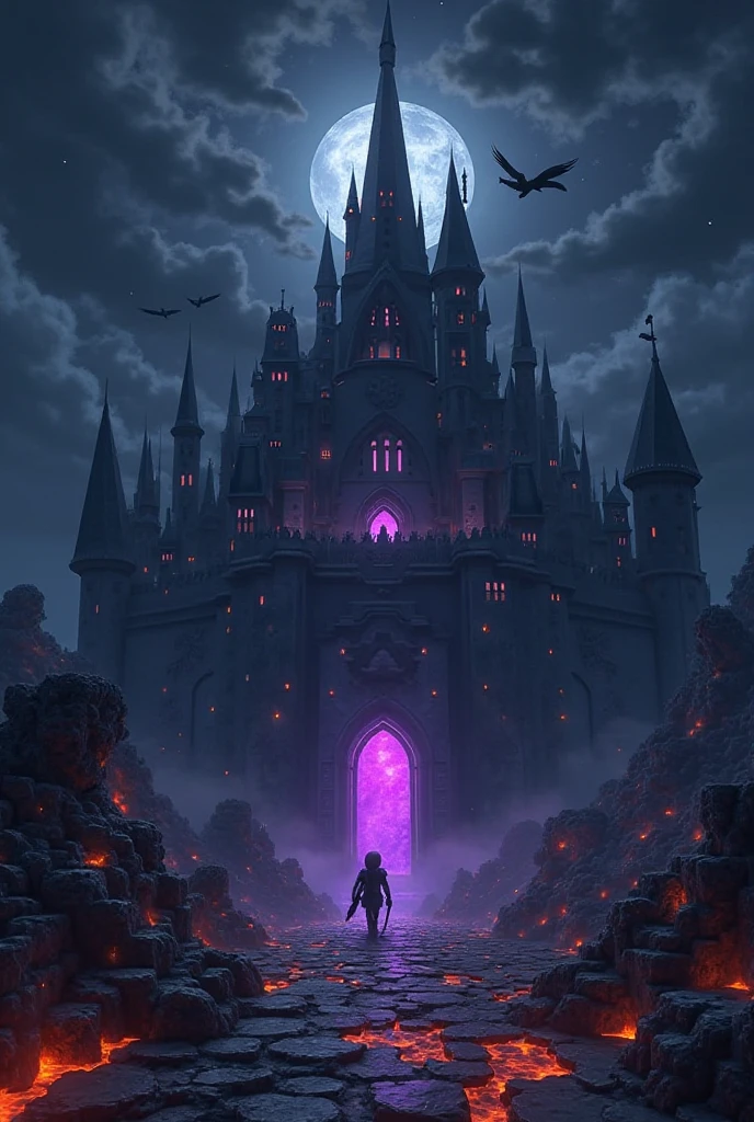1 dark and dilapidated castle,shabby,(animal bones and human skulls are randomly placed),some crows are hovering over the castle,the castle is lit with purple light,some twisted dead tree,crows fall from the branches,bright colors,ultimate detail,landscape,