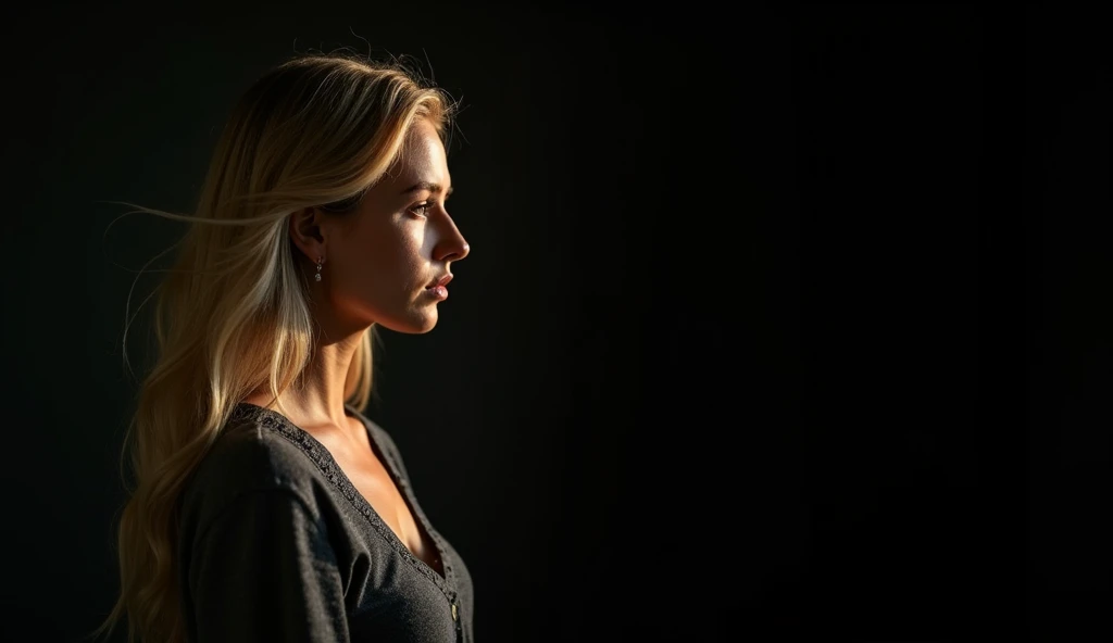 analog photo, silhouette, spotlight, portrait, a beautiful sexy young woman, highly detailed face, blonde, messy bun, big breast, seducing facial expression, wearing pink t-shirt, dark background, fair colors, RAW candid cinema,300mm, color graded portra 400 film, remarkable color, ultra realistic, fair skin, ready to do sex,