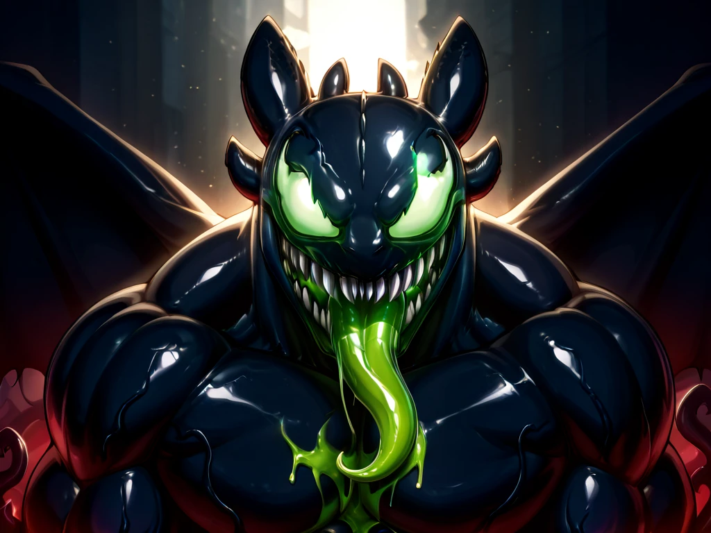 score_9, score_8_up, score_7_up, score_6_up, score_5_up, score_4_up, masterpiece, best quality, amazing quality, very aesthetic, absurdres, newest, scenery, uncensored,
(by todex, todex:1.2), toothless_httyd, dragon, night fury, black scales, wings, tail, claws, 1boy, green sclera, black pupils, feral, (muscular, hyper muscles), 1male, Sharp eyes, detail eyes, glowing eyes,(gazing eye), portrait, face detail, (eye in shadow:1.1), perfect lighting,light particles, sharp teeth, fangs, claws,solo,1boy,plump,glamor,panorama,looking_at_viewer,close-up, Masterpiece, Anatomically Correct, Glaring, Raised Eyebrow, Depth Of Field, Backlighting, Film Grain, Blending, Face detail, furry, eyes detail, (corrupted body, slime form, heartless, symbiote, goo Tentacles on body, Monster:1.4), venom, evil, (green glowing blood tattoo, Fusion, 1male), (Open mouth, longue, glowing body), (eyes details), (sharp teeth, sharp claws)