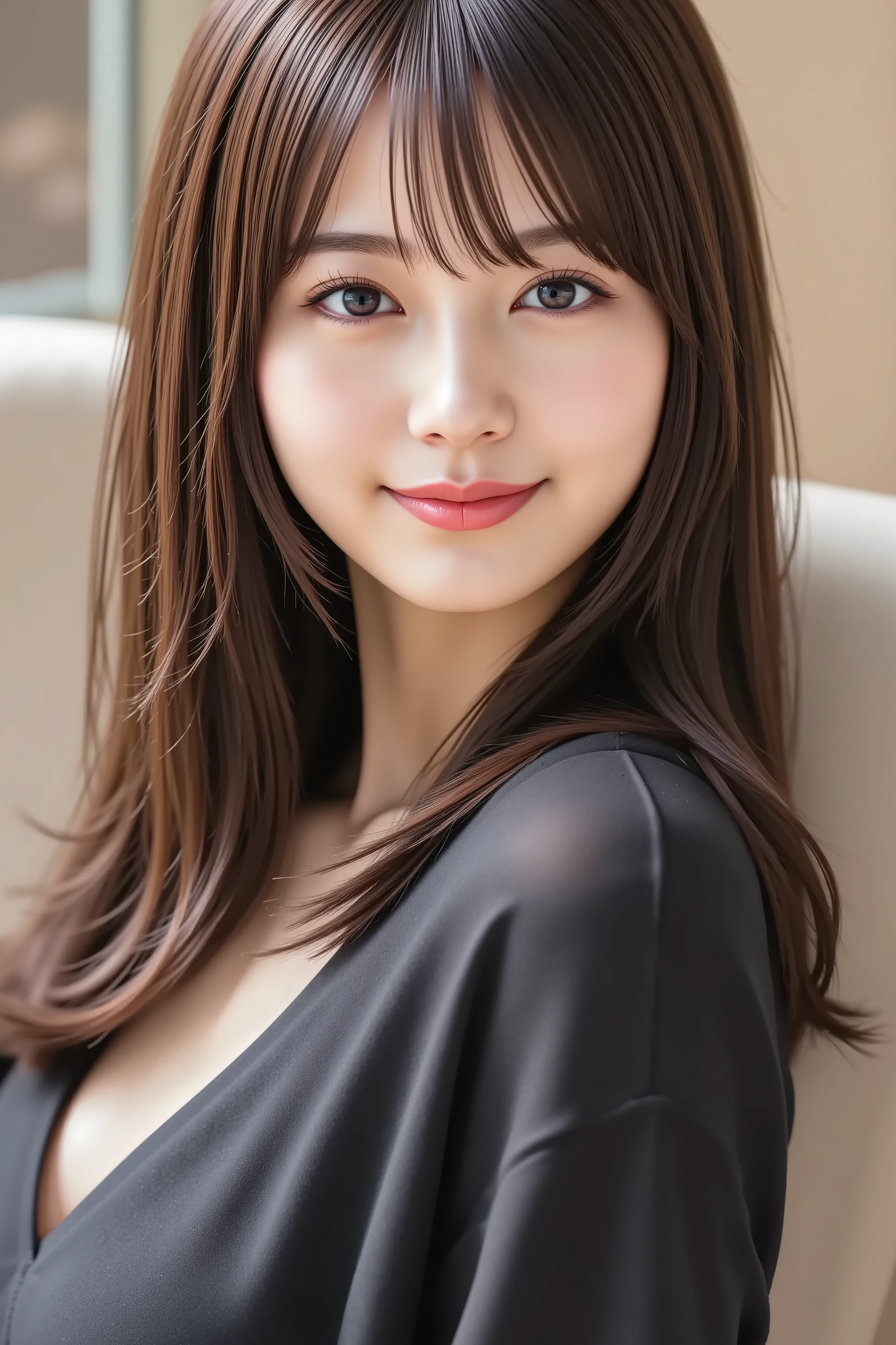 masterpiece, with the face positioned accurately in the center of the image, fine, clean skin、black chori blouse, sofa background、long black hair, Bangs, smile, 8k